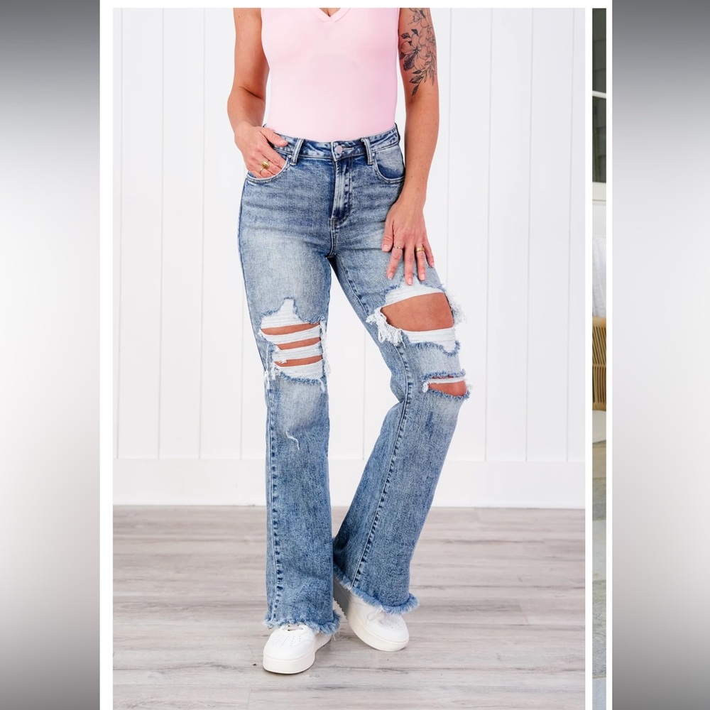 Stylish Distressed Blue Flare Jeans